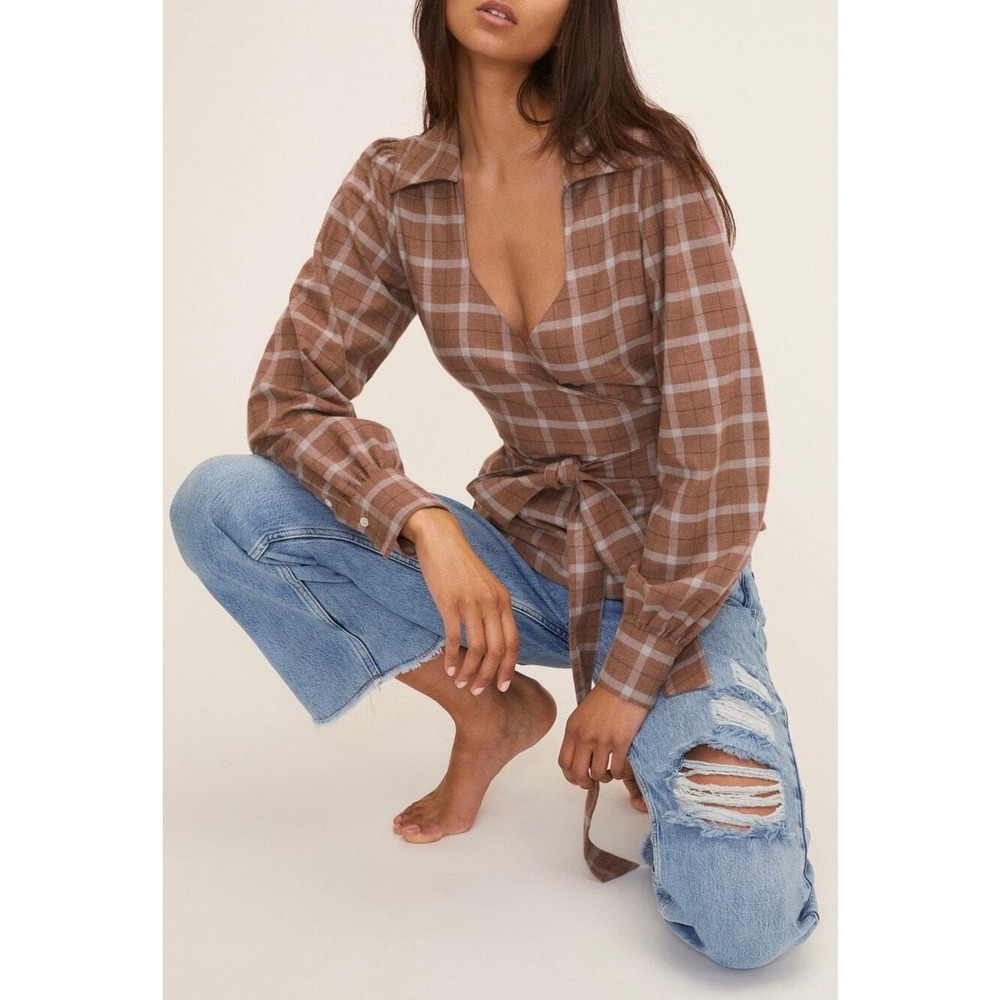 MARISSA WEBB Wrap Top Women XS Brown Plaid Flannel Tie Waist Long Sleeve Cotton